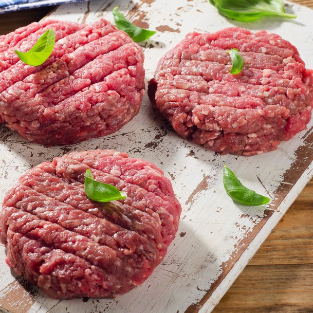 Torta de Carne para hamburguesa. 100% Sirlion 100%, Listo para azar. 25 unidades por paquete.